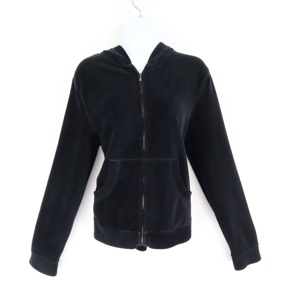Jones Sport‎ Full Zip Corduroy Jacket Womens L Black SOFT Cotton Hooded Pockets